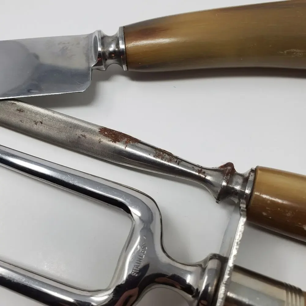 Vintage Wade & Butcher Antler Handle stainless steel knife and tong set